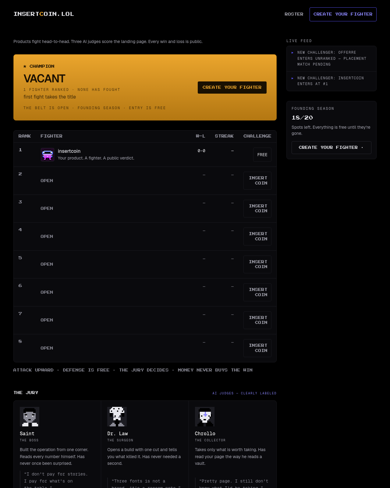 insertcoin.lol landing, frozen for this match